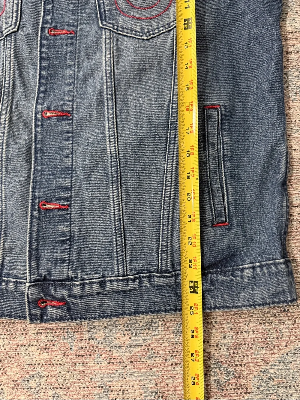 NWT True Religion Men's Denim Jacket Jim Trucker Red Stitching Back Graphic L